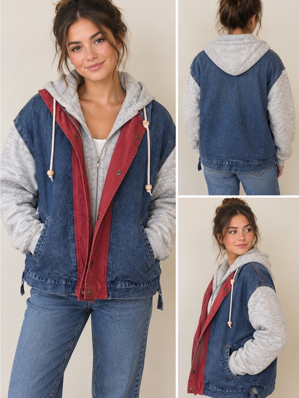 Denim Hooded Trucker Jacket with Red Trim